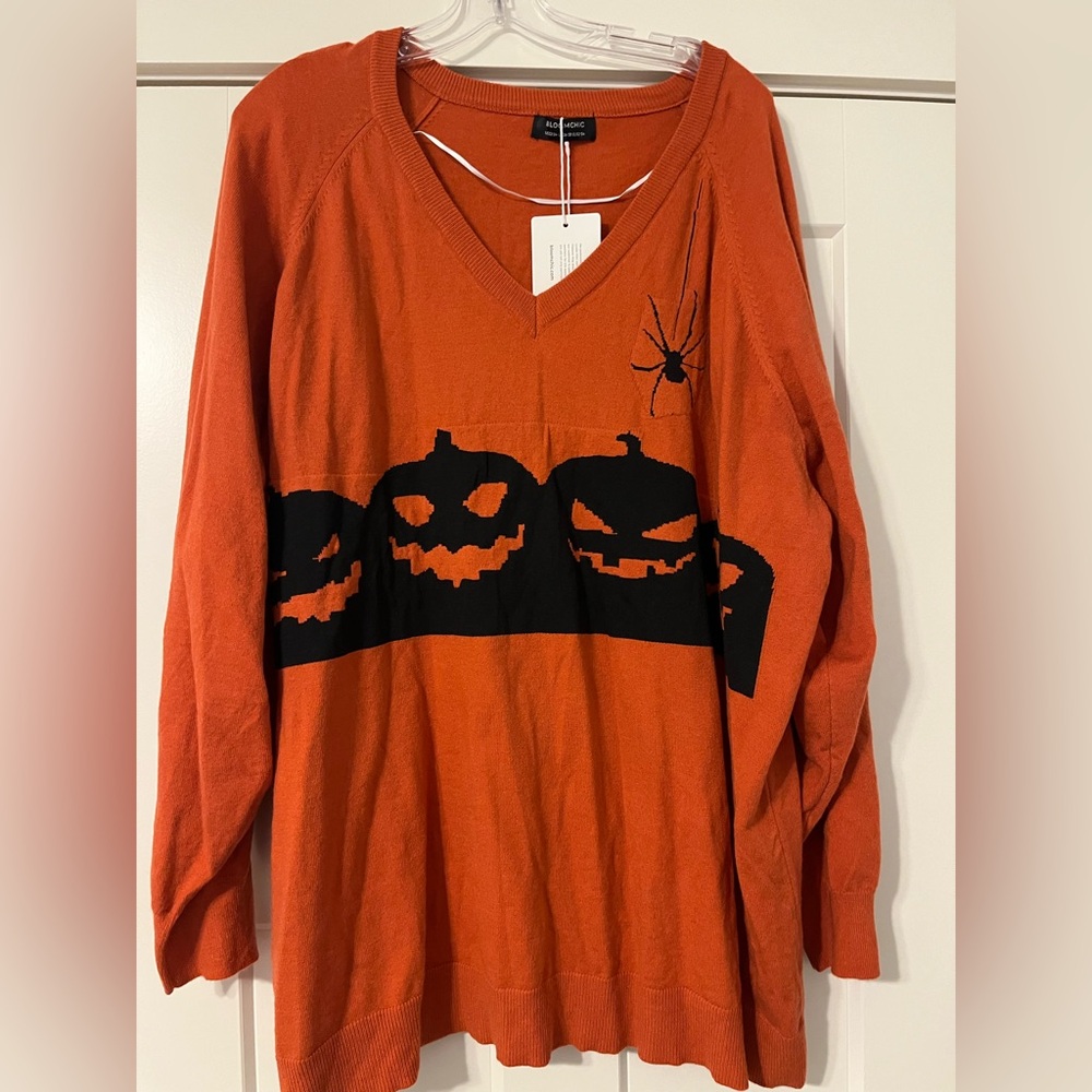 Orange Halloween Sweater with Black Pumpkin Design